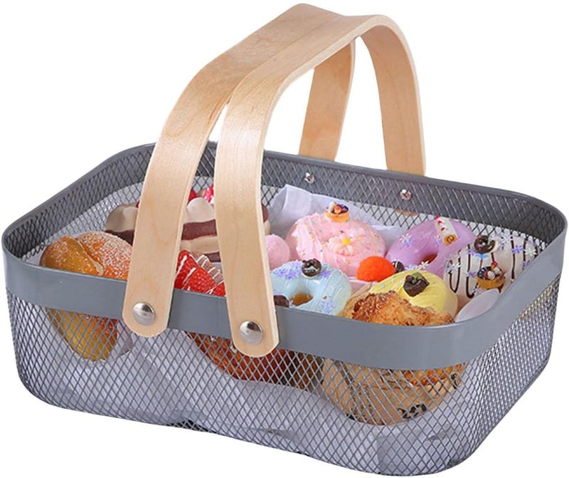 AJIODA Metal Mesh Steel Basket, Storage Organizer Basket Garden Harvest Basket Multi-functional Kitchen Fruit Baskets Bin with Wooden Handle for Bathroom Picnic Shopping Decor Cabinet Home, Grey - Image 3